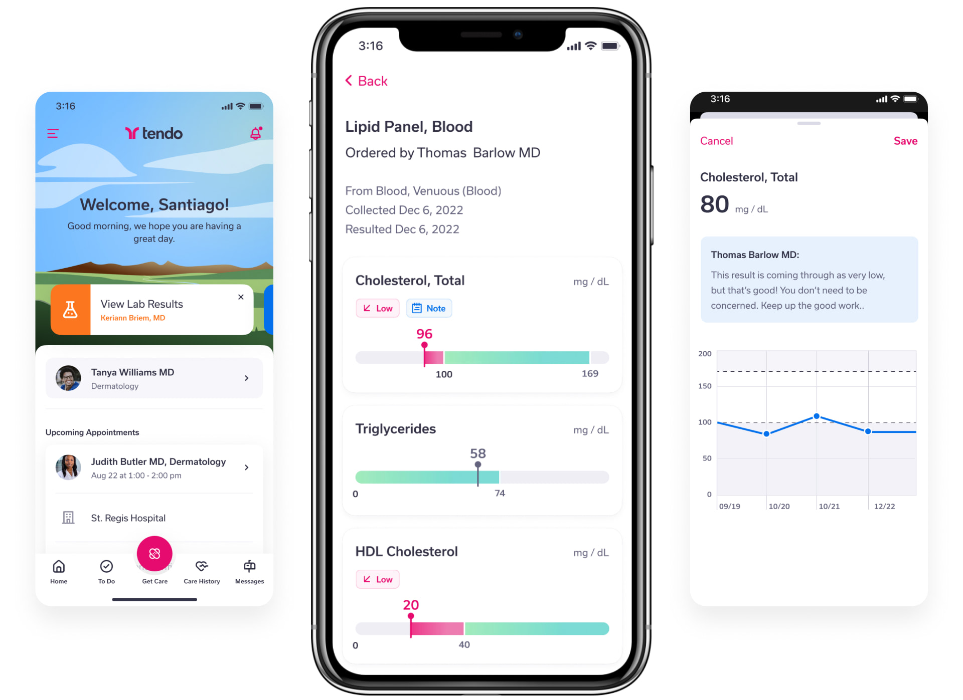 Three Tendo app screens: a home screen with a lab results alert, a lipid panel with range charts for each marker, and a cholesterol result with a doctor's note and a chart of results over time.